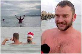 Zeci de tineri s-au aventurat în apa rece a mării. Se întrec pentru un șezlong gratis timp de o lună, vara viitoare