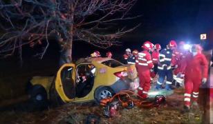 Cursă de taxi sfârșită într-un copac, pe un drum din Constanța. Șoferul și pasagerul au ajuns la spital