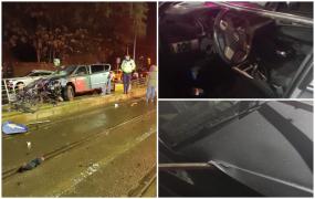 Accident în Bucureşti: Un şofer a intrat într-un refugiu de tramvai. O ţeavă de metal s-a înfipt în maşină, trecând la doar câţiva centimetri de bărbat