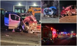 Mașina unei familii cu doi copii mici, spulberată de un microbuz pe un drum din Brașov. Bucăți din caroserii s-au împrăştiat zeci de metri pe șosea