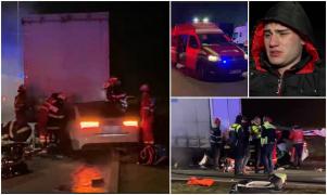"Nu pot să sun familia. Mi se rupe inima". Doi tineri au murit în Sibiu, iar alți doi sunt în stare gravă după ce au intrat cu mașina într-un TIR oprit pe marginea drumului