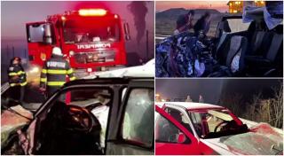 Accident grav pe o şosea din Gorj. Două mașini s-au făcut praf, după ce unul dintre șoferi a depășit neregulamentar și s-a izbit de un camion, pe contrasens