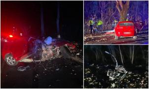 Tânăr mort într-un Seat zdrobit de un copac, în Prahova. Motorul mașinii a zburat la câțiva metri distanță