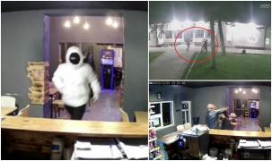 Tineri cu cagule filmați cum jefuiesc o sală de jocuri, în Dolj. L-au sechestrat pe barman și au fugit cu banii, băutura și țigările