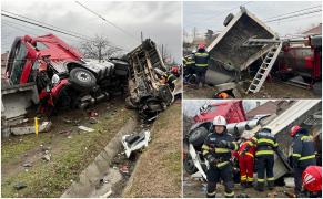 Cisternă încărcată cu 24 de tone de sodă caustică, impact frontal devastator pe un drum din Vâlcea. Imagini de coșmar la Răureni