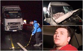 "Nici n-am observat că a intrat în mine". Dubă strivită ca într-o menghină, între două TIR-uri, pe un drum din Mureș