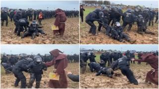 Imagini umilitoare cu poliţia germană împotmolită în noroi, în lupta cu activiştii la Lützerath. Satul, demolat pentru extinderea unei mine de cărbune