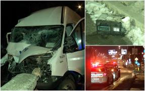 O dubă încărcată cu ziare s-a înfipt în podul de la Băneasa. Bateria mașinii a fost aruncată la 10 metri distanță