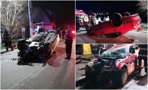 Maşină făcută zob pe o şosea din Vâlcea, la Ocnele Mari. Două persoane au fost rănite, după ce vehiculul a ajuns cu roțile în sus