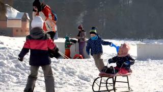 Pârtie de săniuş amenajată de copii, la poalele Vârfului Mogoșa. Până când va rămâne deschisă