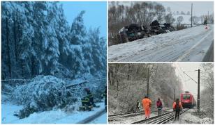 Ninsorile și viscolul fac ravagii în nordul țării. Trafic de coșmar în mai multe județe; drumuri blocate și mașini avariate din cauza copacilor doborâți de vânt
