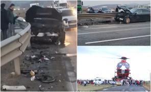Accident grav cu 7 victime, între care un copilaş, la Rupea Gară. Tânăr captiv între fiarele contorsionate, după ce două maşini s-au făcut praf