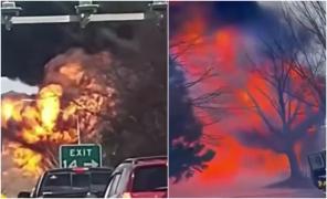 Şofer de TIR mort, după ce mastodontul s-a răsturnat şi a explodat. Focul s-a extins pe loc la mai multe case şi maşini. Tragedie în SUA