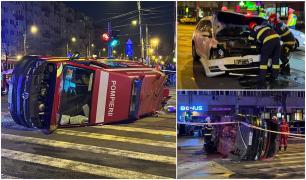O ambulanță în misune s-a răsturnat după un impact înfiorător. Accident teribil într-o intersecție din București