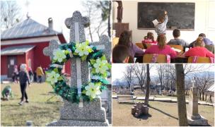 Învaţă în sala de pomeni şi ies în pauză printre morminte. Un sat din România a "mutat" şcoala în cimitir