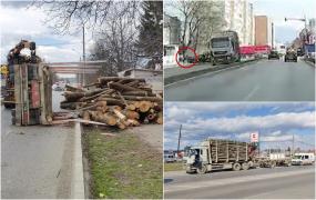 Momentul dramatic când remorca încărcată a unui camion cu bușteni se răstoarnă peste trecători, în Pașcani. Trei persoane au fost rănite
