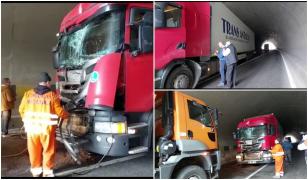 Accident cu două TIR-uri pe DN6, chiar în tunelul Bahna. Traficul a fost blocat timp de două ore