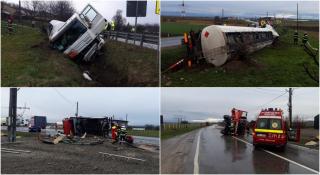 Accident în "curba morţii", în Suceava. Un șofer a ajuns cu cisterna de motorină în șanţ. Autospeciala ISU care urma să intervină s-a răsturnat în același loc