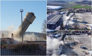 Momentul detonării unui turn de apă, înalt de 30 de metri, în Mediaş. A fost pus la pământ în doar câteva secunde