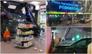 Accident teribil în Capitală: O maşină a spulberat o farmacie de la Piaţa Progresul, după ce s-a ciocnit de un alt autoturism