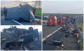 Trei bărbaţi s-au răsturnat cu autoutilitara pe A1, în Arad. Toată marfa se împrăştiase pe autostradă