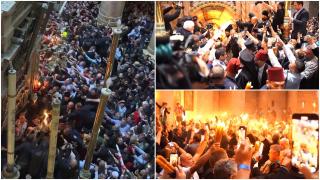 Mii de credincioşi, martori la miracolul ortodoxiei. Flacăra Sfântă s-a aprins la Ierusalim cu o oră mai târziu decât în ultimii ani