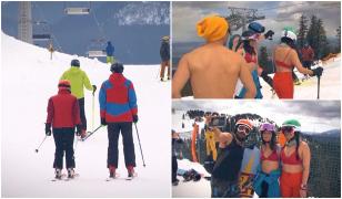 Pe pârtie, ca la plajă. Turiştii au profitat de vremea bună şi au schiat în costume de baie, în Poiana Braşov