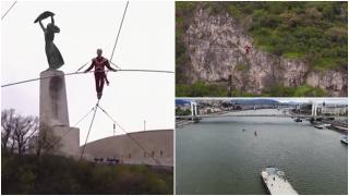 Premieră mondială: La 63 de ani, un acrobat a traversat Dunărea pe frânghie. Pregătirile au durat câteva luni
