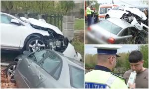 Doi șoferi au zburat cu mașinile într-un gard, după o depășire inconștientă. Accident teribil pe un drum din Mehedinți
