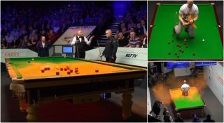 Protest la Campionatul Mondial de Snooker. Un bărbat s-a urcat pe masă şi a împrăştiat o pudră portocalie