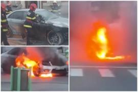 Torţă pe patru roţi, în faţa unei primării. Maşina în care se afla şi un copilaş a luat foc în mers: "Explodează!"