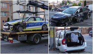 BMW nou-nouț al Poliţiei, făcut zob într-un accident cu patru maşini, la Cluj. Şase răniţi, inclusiv poliţiştii, după impactul violent