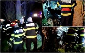 Șofer mort într-o mașină făcută zob în copac, lângă poligonul militar de la Cincu. Pompierii s-au chinuit zeci de minute să-l scoată dintre fiare