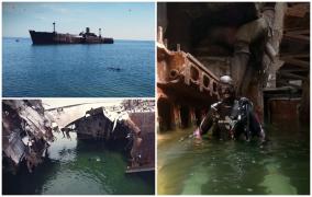Cum arată interiorul epavei de la Costineşti, pe cale să dispară înghiţită de mare. Imagini exclusive din "inima" vasului naufragiat