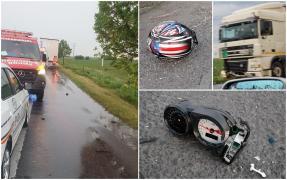 Tineri pe motocicletă, morți într-un accident înfiorător pe E85, în Buzău. Au sfârșit într-un TIR, pe contrasens