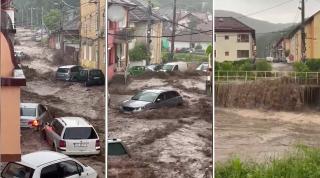 Prăpăd în Reșița, după o rupere de nori. Șuvoaiele au luat pe sus mașini și au devastat gospodării din oraș