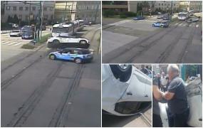 Cascadorie pe o stradă din Timişoara, după ce un şofer a intrat în intersecţie pe roşu. A lovit o altă maşină şi s-a răsturnat pe şinele de tramvai