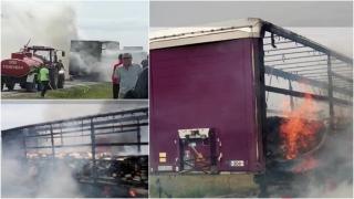Un camion s-a făcut scrum după ce a fost cuprins de flăcări, pe un drum din Iaşi. Şoferul a reuşit să se salveze la timp