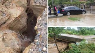 Drum crăpat în două de inundații, după o rupere de nori în Gorj. Zonele care vor fi lovite de furtuni în weekend