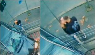 Șoferiță sărutată și îmbrățișată, după ce trece prin gard și rupe stâlpii cu mașina, în Bistrița. Momentul a fost filmat de o cameră de supraveghere