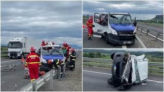 Şofer de 40 de ani, rămas încarcerat după un impact violent între două dube, pe A1. Una dintre autoutilitare s-a răsturnat, cealaltă a intrat în parapet