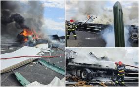 Incendiu puternic pe Autostrada A10 Sebeş – Alba Iulia, după ce un camion a explodat în mers şi s-a oprit într-un parapet. Traficul a fost blocat aproape o oră