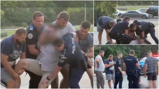 Momentul când un scandalagiu este imobilizat de 5 bărbaţi, după o scenă dintr-o benzinărie din Constanţa. Ar fi consumat droguri înainte de incident