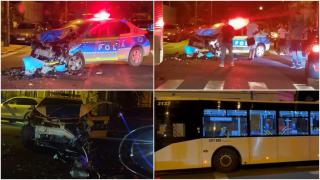 Accident teribil în Ploieşti. Maşină de poliţie, făcută praf de şoferul unui autobuz, care nu ar fi oprit la stop: 2 agenți, la spital