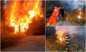 Mașină în flăcări după ce s-a izbit de copac, în Satu Mare. Doi bărbați rămași captivi între fiare au fost salvați de polițiști
