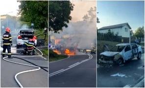 O mașină a luat foc în mers, pe un drum din Mureș. Conductele de carburant au cedat din cauza temperaturilor ridicate