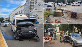 Mașină spulberată de o ambulanță în misiune, pe un drum din Satu Mare. O femeie a rămas prinsă între fiare