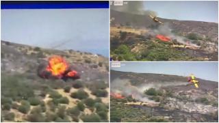 Momentul în care un avion de stingere a incendiilor se prăbuşeşte pe insula grecească Evia. Piloţii au murit
