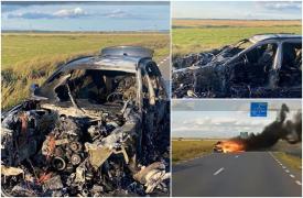 O maşină s-a făcut scrum, după ce a luat foc pe centura Rădăuţiului. Flăcările s-au aprins din cauza unui scurtcircuit