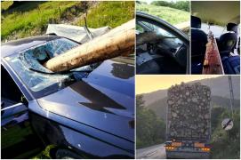 ANIMAŢIE. Un buştean căzut dintr-un TIR s-a înfipt în parbrizul unui Audi, în mers. Şoferul, convins că a fost salvat de Biblia din maşină: "Este tot timpul acolo"